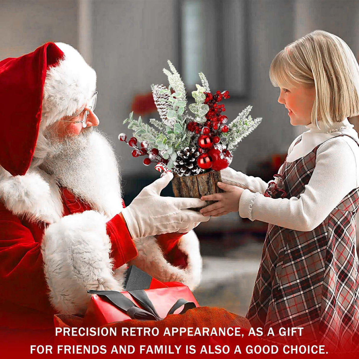 Small Christmas Tree Tabletop Artificial Mini Christmas Tree Decorations with Holiday Ornaments Red Berry Pine Cone Greenery for Home Indoor Fireplace Mantel Xmas Decor (Tree Stump-Red) KPX