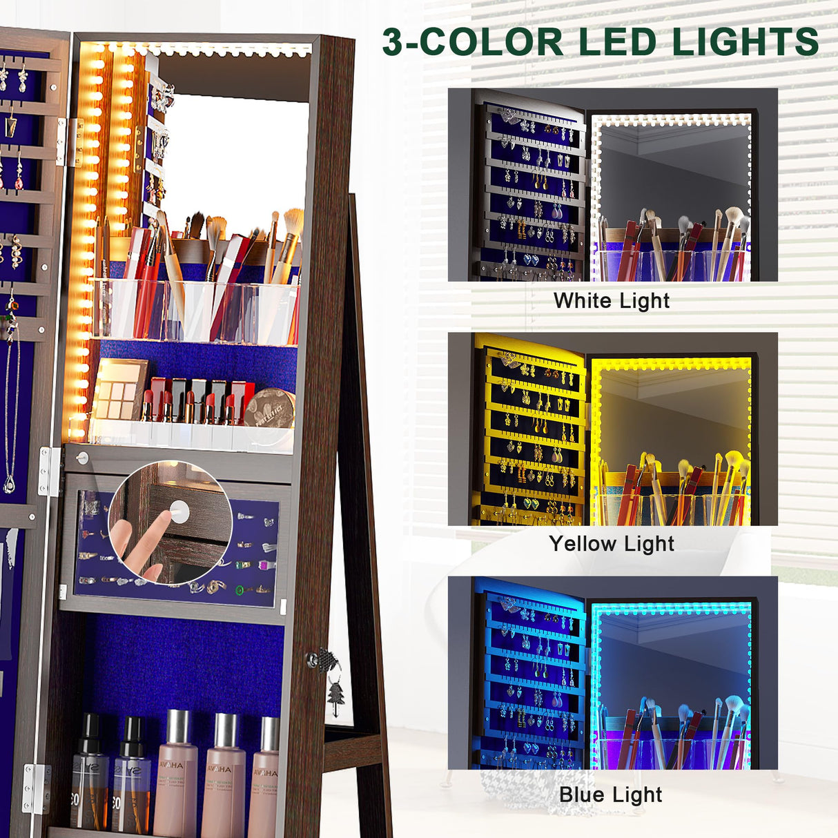 HNEBC 360° Rotating Jewelry Armoire with Lights, Lockable Mirror Jewelry Cabinet, Standing Full Length Mirror with Jewelry Storage, Large Jewelry Mirror Organizer, Wheels,Foldable Makeup Shelf (Brown) HNEBC