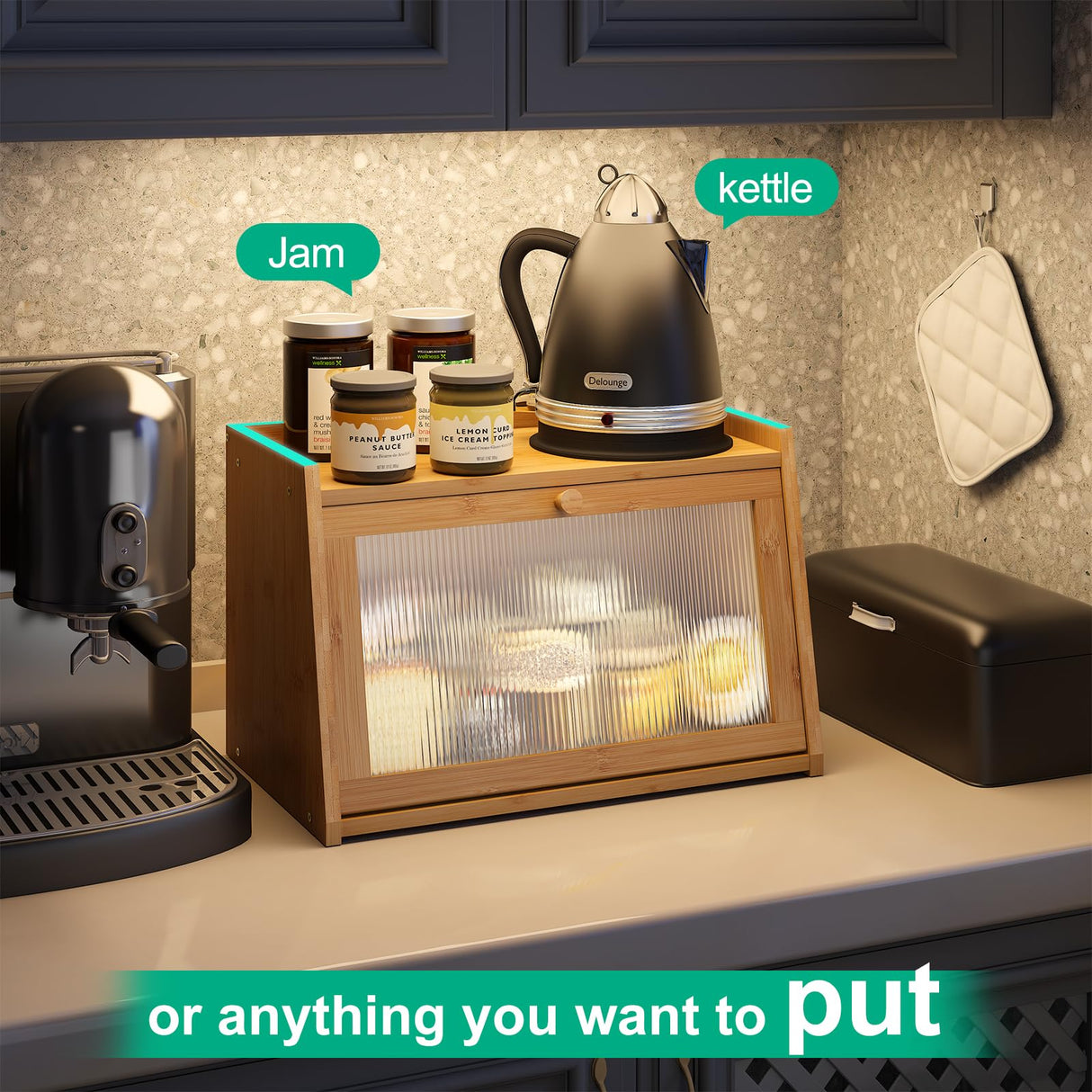 kiplant Bread Box for Kitchen Counter, Large Bamboo Bread Storage Container with Wavy Arcylic Transparent Door, Bamboo Wooden Farmhouse Bread Box for Your House (Natural) kiplant