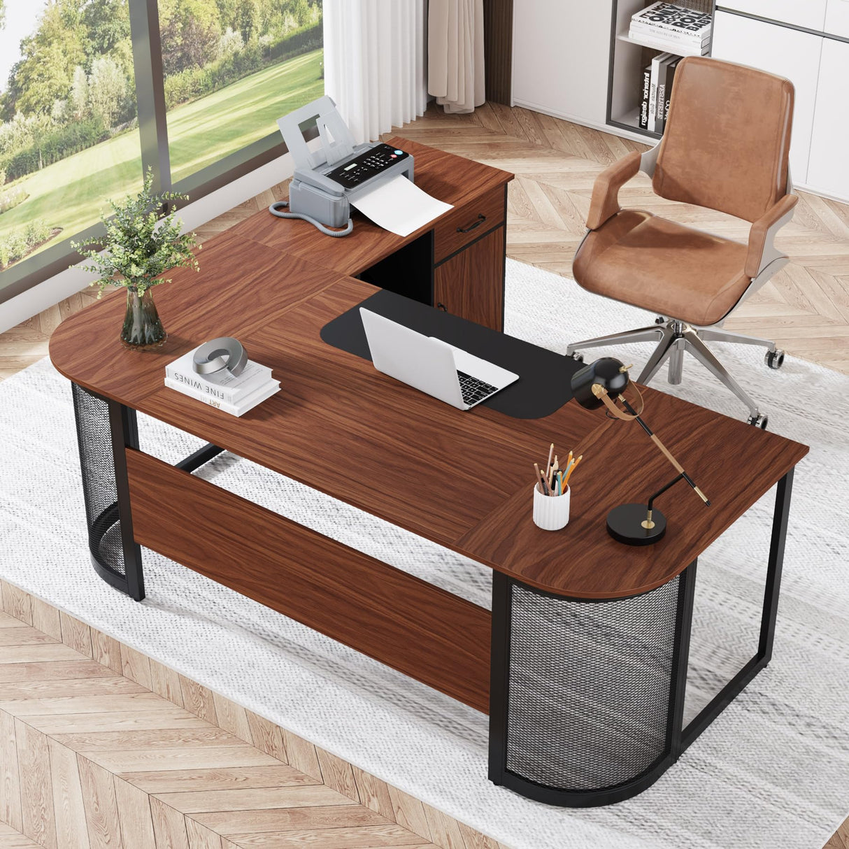 Tribesigns 63" Executive Desk with 31" File Cabinet, L-Shaped Office Desk with Drawer and Storage Shelves, Large Computer Desk Workstation Business Furniture Set for Home Office Tribesigns
