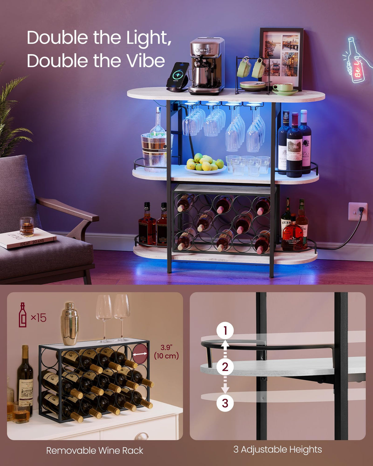 VASAGLE Bar Cabinets for Home, LED Coffee Bar with Power Outlets, Home Mini Bar for Liquor, Freestanding Wine Rack with Glass Holder, Kitchen, Dining Room, Rustic White ULWR007W01 VASAGLE