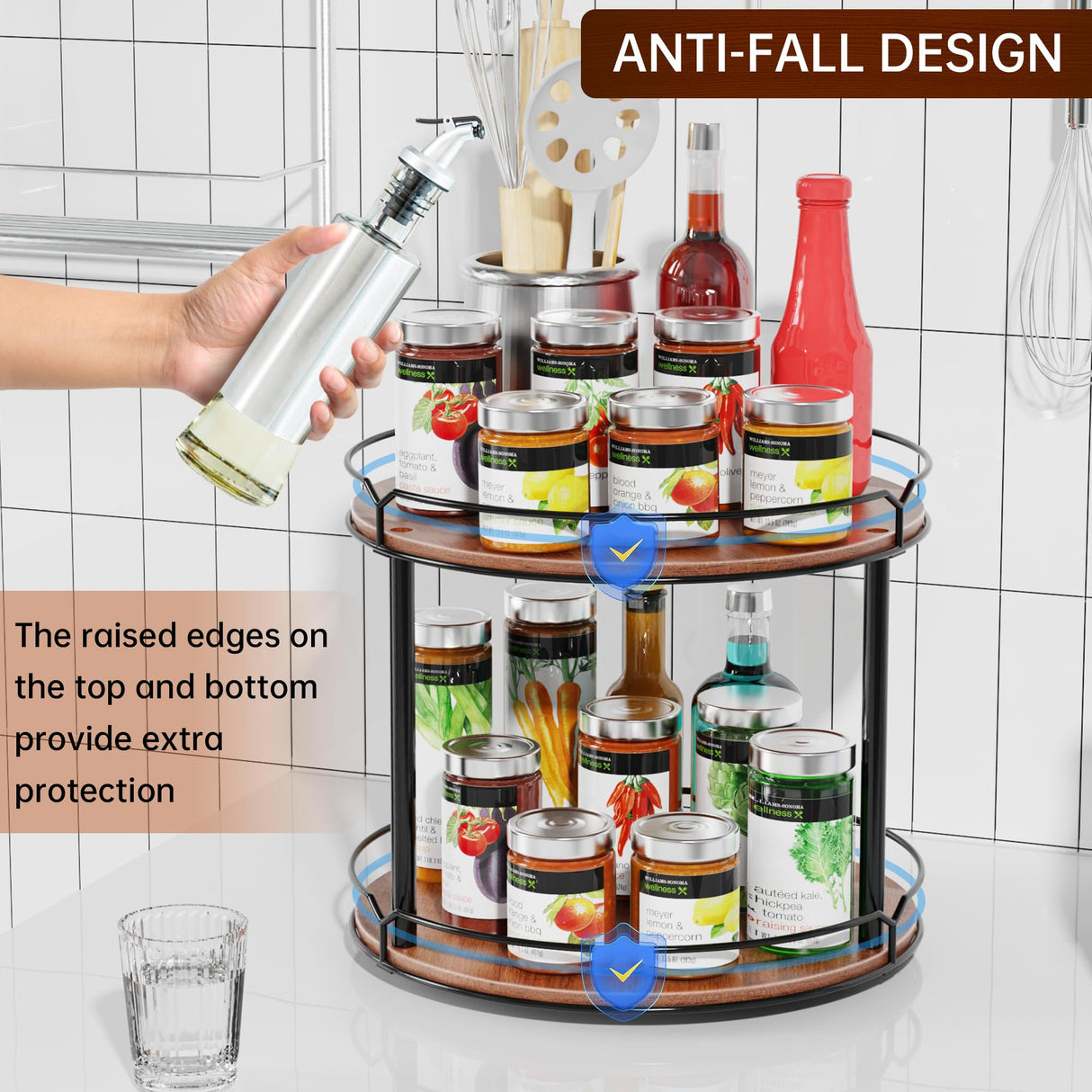 MUTUALUS Lazy Susan Organizer 2 Tier - 12.4" Turntable Spice Rack for Table Top, Wooden Rotating Lazy Susan for Cabinet Pantry Kitchen Countertop Dining Table Cupboard Bathroom Vanity Storage MUTUALUS