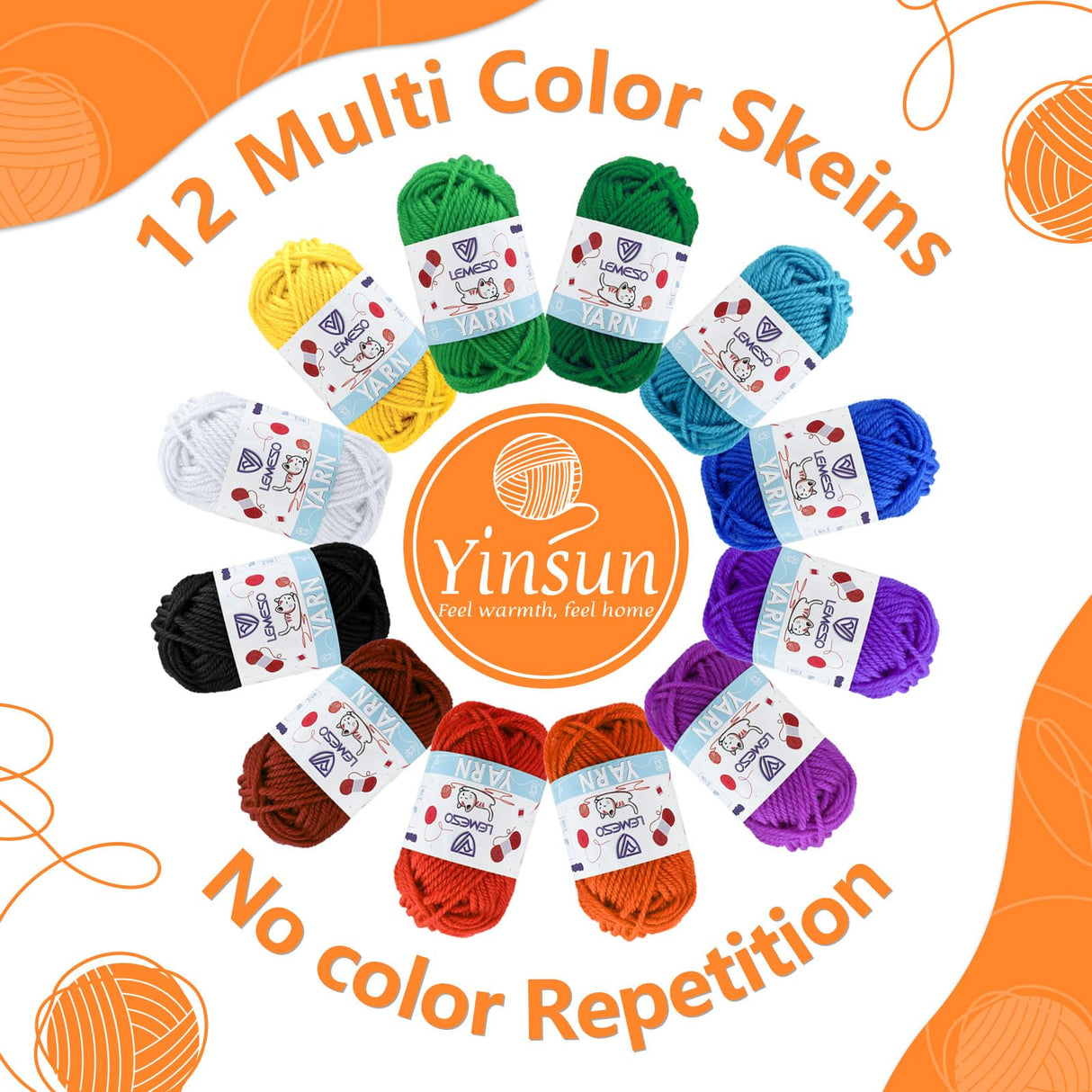 Yinsun 12 Acrylic Yarn Skeins, 12 Colors Starter Mini Crochet Bulk Yarn for Child, Adult Knitting Crochet Crafts (12 x 15g) Yinsun