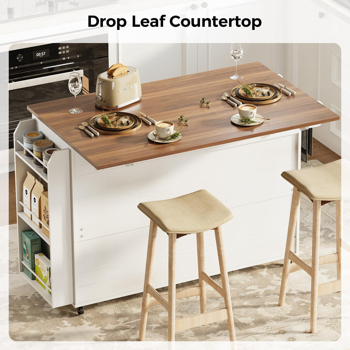 IRONCK Kitchen Island with Storage, Rolling Kitchen Island Cart with Drop Leaf Countertop, Island Table for Kitchen with Pull-Out Shelf, Barn Doors, for Dining Room, Home Bar, White IRONCK