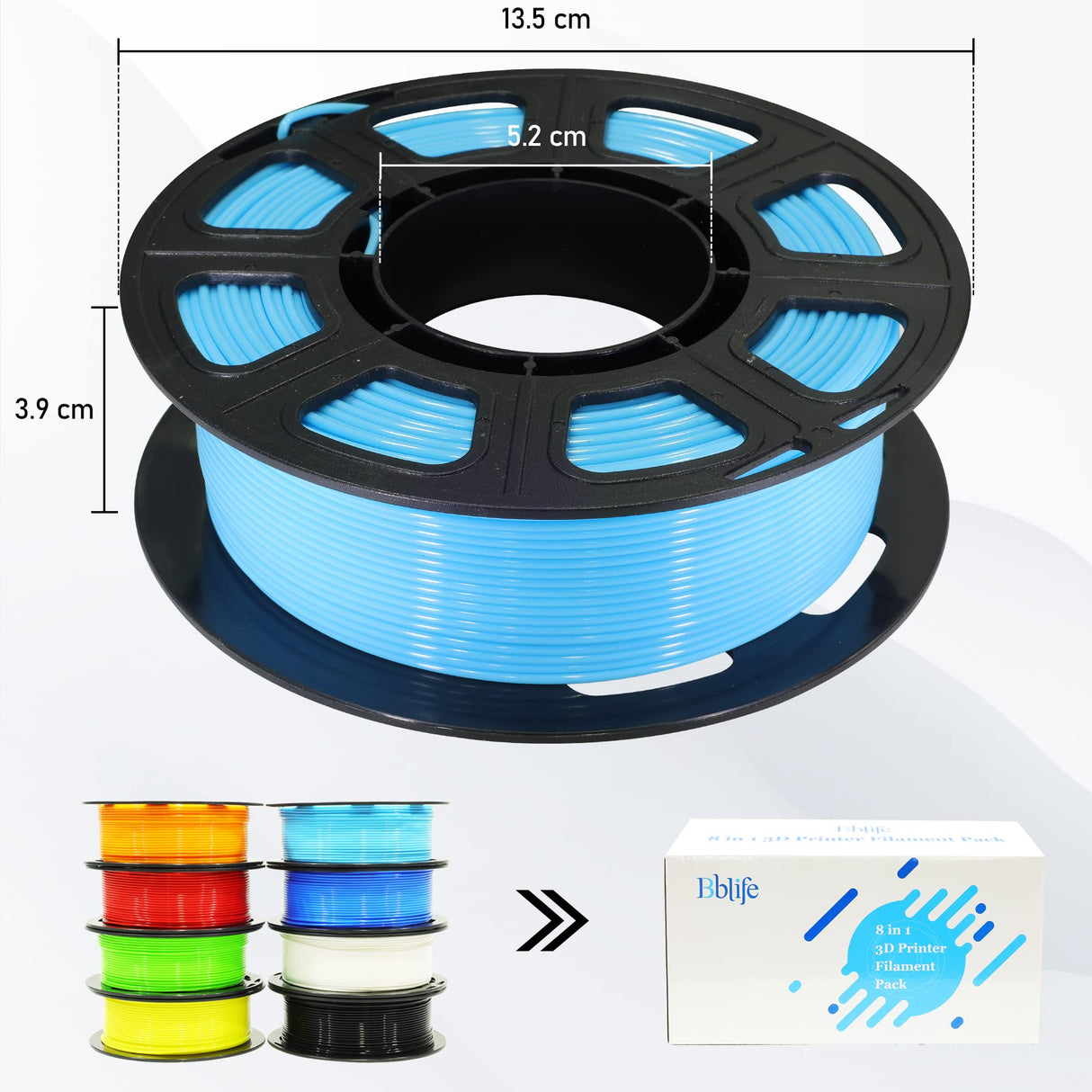 1.75mm 8 Spools Popular Colors 3D Printer PLA Filament Bundle Pack: Black White Red Blue Yellow Orange Limegreen SkyBlue, Each Spool 250g, Widely Compatible, Total 2Kg 3D Printing Filament Bblife