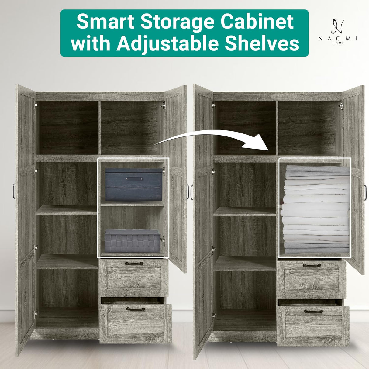 Naomi Home Grey Oak Storage Cabinet with 2 Barn Doors, 2 Drawers & Adjustable Shelves – Modern Wardrobe Closet Armoire for Bedroom, Entryway & Utility Room Naomi Home