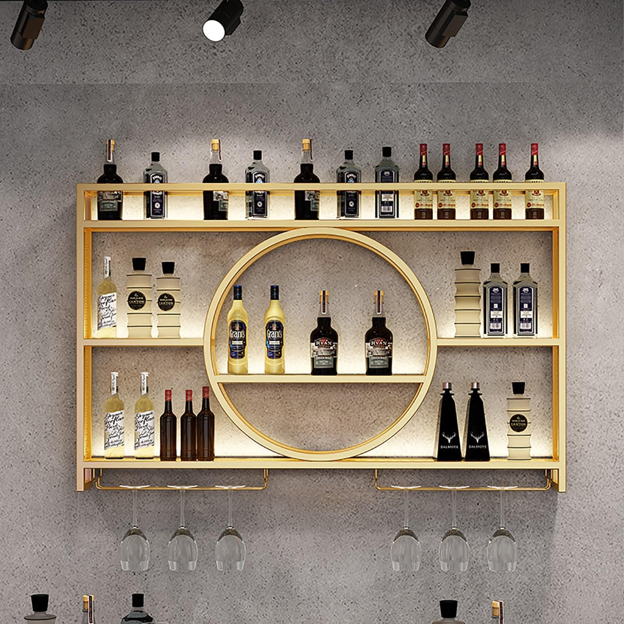 OMKUOSYA Wine Rack Wall Mounted with LED Light, 3-Tier Metal Floating Bar Shelves Wine Glass Holder, Liquor Bottle Storage Display Shelf for Home Bar, Dining Room & Kitchen (Gold, 39.4in/100cm) OMKUOSYA