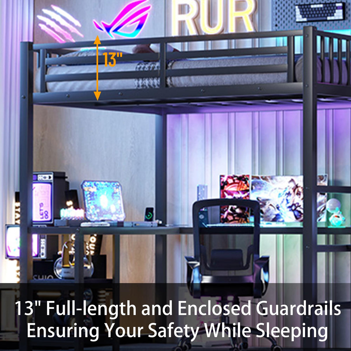 Full Size Loft Bed with Desk and Storage Stairs,Metal Full Loft Bed Frame with Wardrobe and Shelf, High Loft Bed with LED Light and USB Charging Station for Kids, Teens, Adults, Black Mirightone