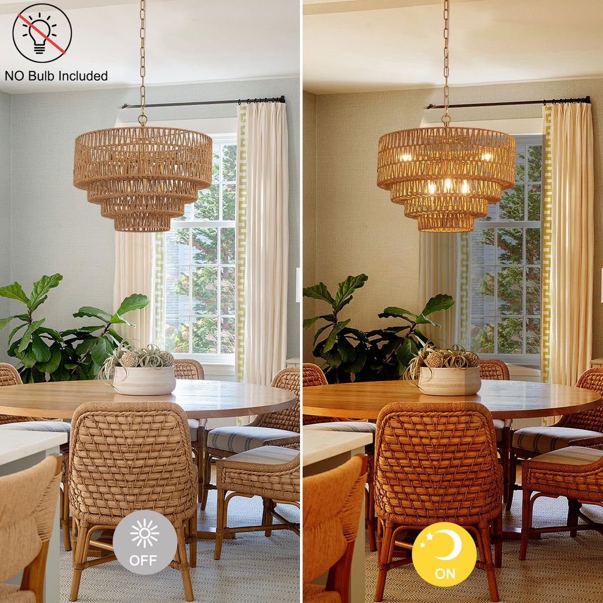 YOMECOO 19.7" Hand-Woven Rattan 6-Light Farmhouse Boho Bamboo Chandelier Light Fixture Retro Drum Wicker Golden Chandelier for Dining Room, Kitchen, E12 YOMECOO