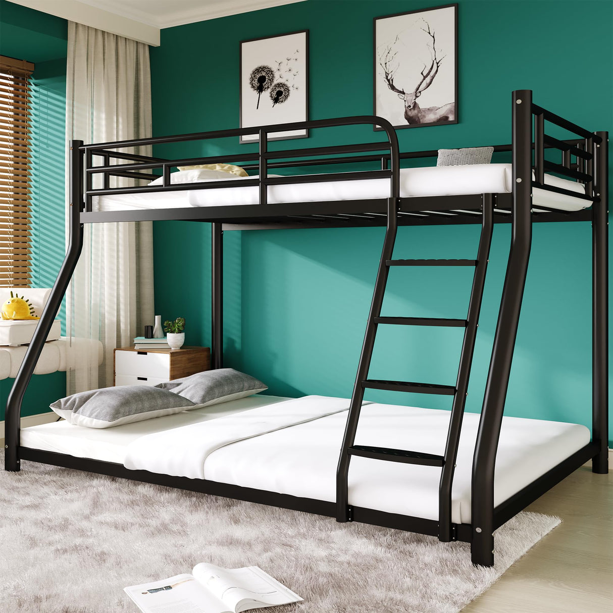 Metal Twin Over Full Bunk Bed,Bunk Beds Twin Over Full Size with Removable Wide Ladder and Full-Length Guardrail,Low Full BunkBeds Frame Heavy Duty steel Slat Support For Adults Kids and Young Teens erosoei
