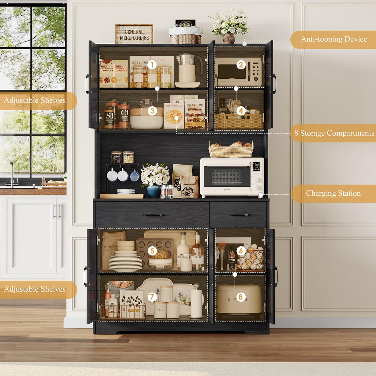 HOSTACK 71" Pantry Cabinet with Charging Station, Tall Kitchen Pantry Storage Cabinet with Microwave Stand, Farmhouse Kitchen Hutch with Storage Drawers for Living Room, Dining Room, Black Wood Grain HOSTACK