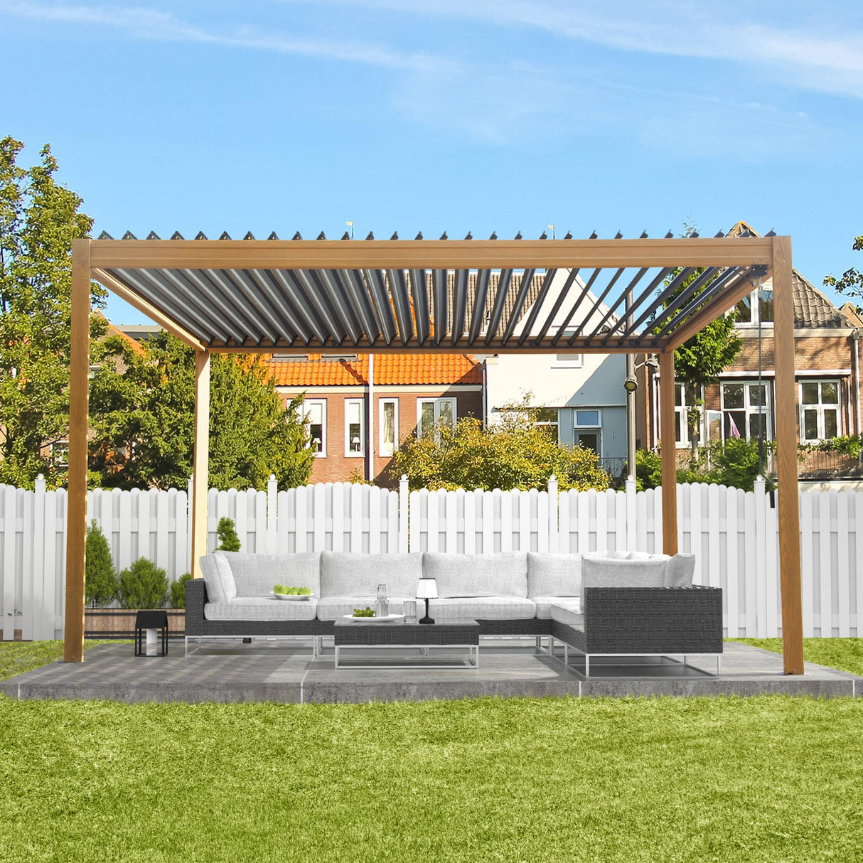 Domi Louvered Pergola 10x13FT, Outdoor Wood Grain Pergola Aluminum Frame with Adjustable Rainproof Metal Roof, Permanent Sun Shade with Drainage System for Deck Garden Yard domi outdoor living