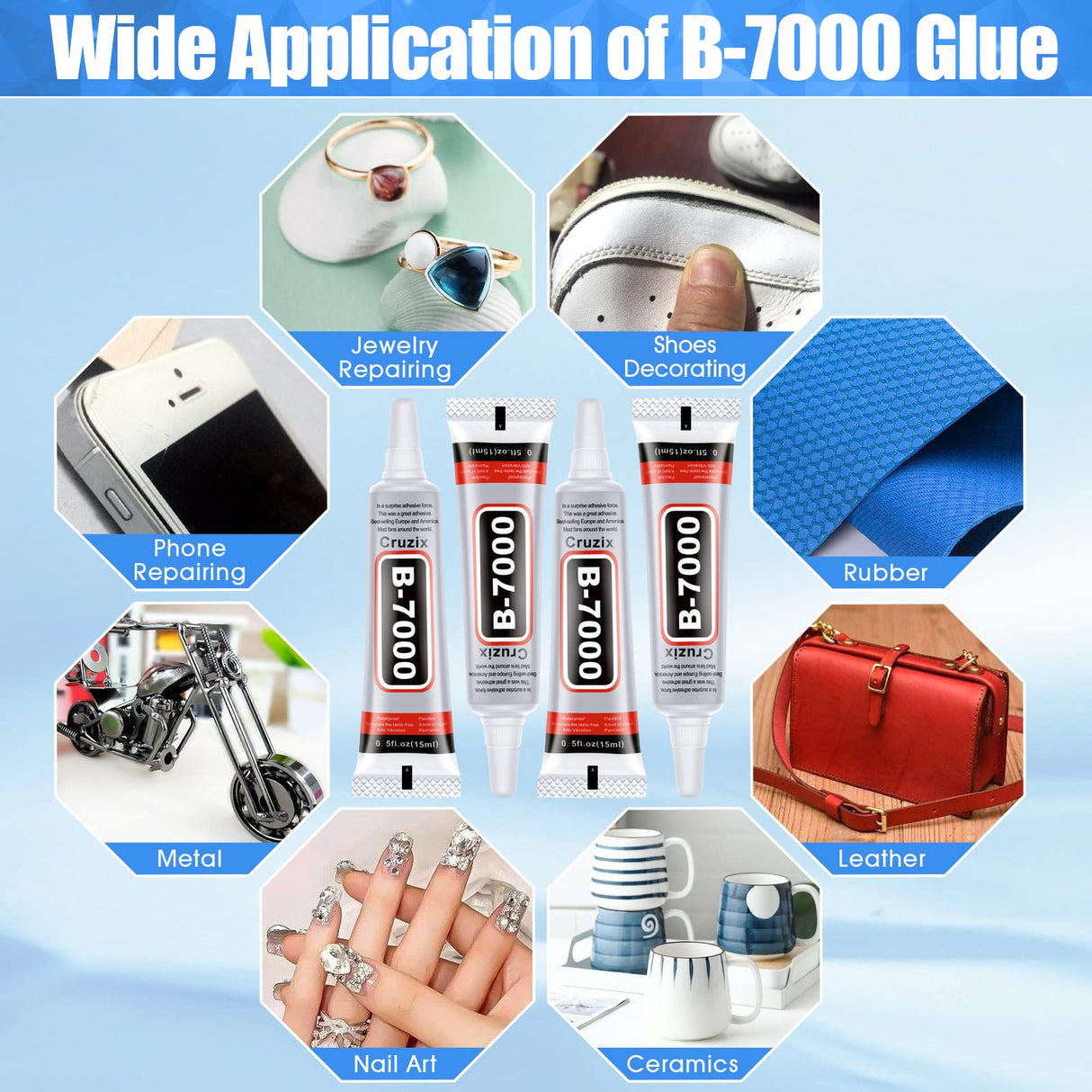 B-7000 Glue Clear for Rhinestone Crafts, Jewelry and Bead Adhesive B7000 Semi Fluid High Viscosity Glues for Clothes Shoes Fabric Cell Phones Screen Repair Metal Stone Nail Art Glass (4x15 ml/0.5 oz) Cruzix