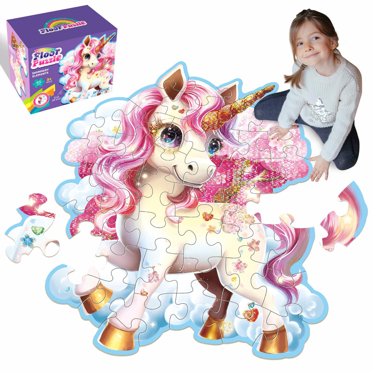 Jumbo Shimmery Floor Puzzle for Kids,Unicorn Jigsaw Large Puzzles,45 Piece Unicorn Puzzle for Toddler Ages 3-5,Children Learning Preschool Educational Toys,Birthday Gift for 4-8 Years Old IFLOVE