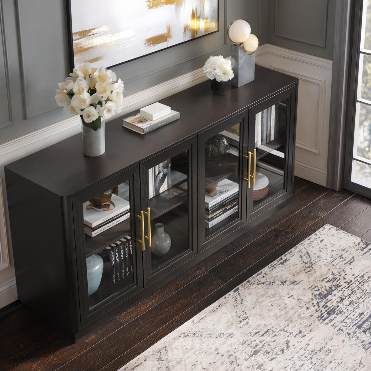 Cube Storage Organizer with Shelf, 63" Long Cubby Bookcase, Bookshelf with 4 Glass Doors,Glass Display Cabinet for Home Office, Living Room (Black, 63" Wide) Furnaza
