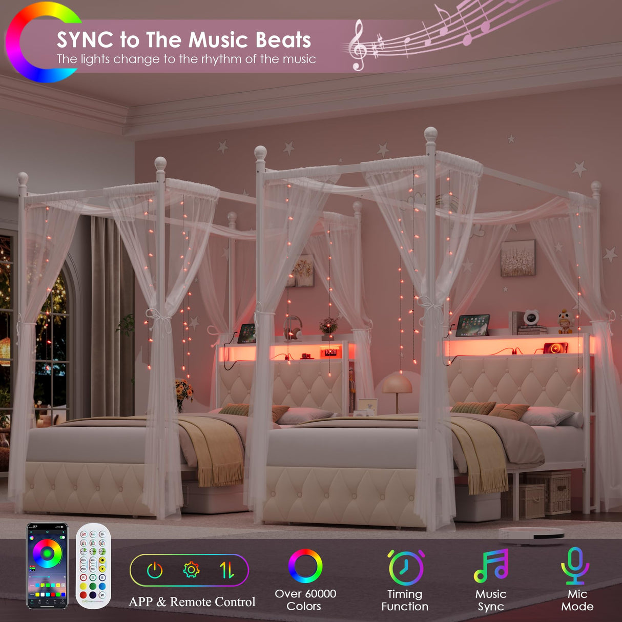 HIFIT Set of 2 Kids Twin Upholstered LED Canopy Bed Frame with Charging Station & Storage Drawer, Button Tufted Storage Headboard w/Bookshelf, Two-Use Girls Platform Bed frame w/4 Removable Post,Beige HIFIT