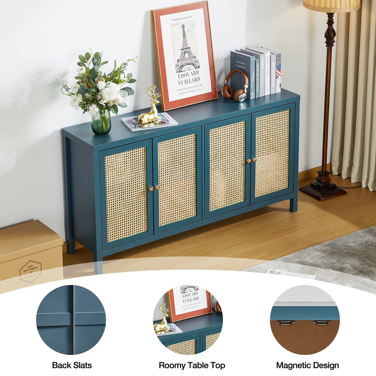 QHITTY Sideboard Buffet Cabinet, Rattan Accent Cabinet Storage Cabinet Console Table with 4 Doors and Adjustable Shelves for Kitchen, Dining Room, Living Room, Hallway (Blue) QHITTY