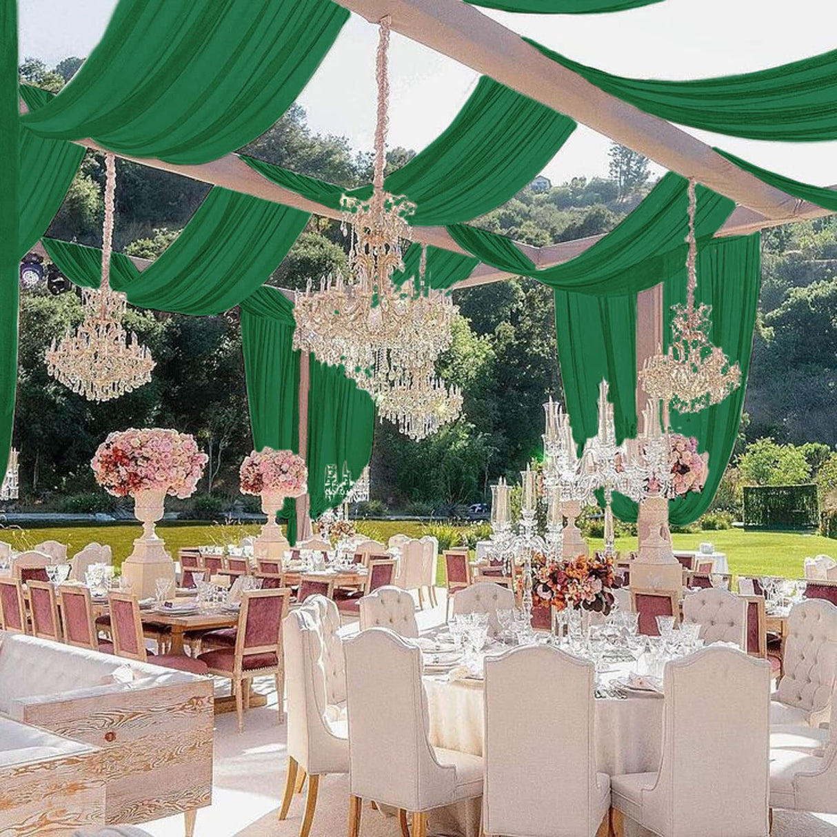 MODFUNS Ceiling Drapes for Parties Green Chiffon Ceiling Curtains 5x30FT 4 Panels Sheer Draping Fabric Tulle Curtain Drapery Elegant Arbor Ceiling Fabric for Bridal Baby Shower Party Tent Drapes MODFUNS