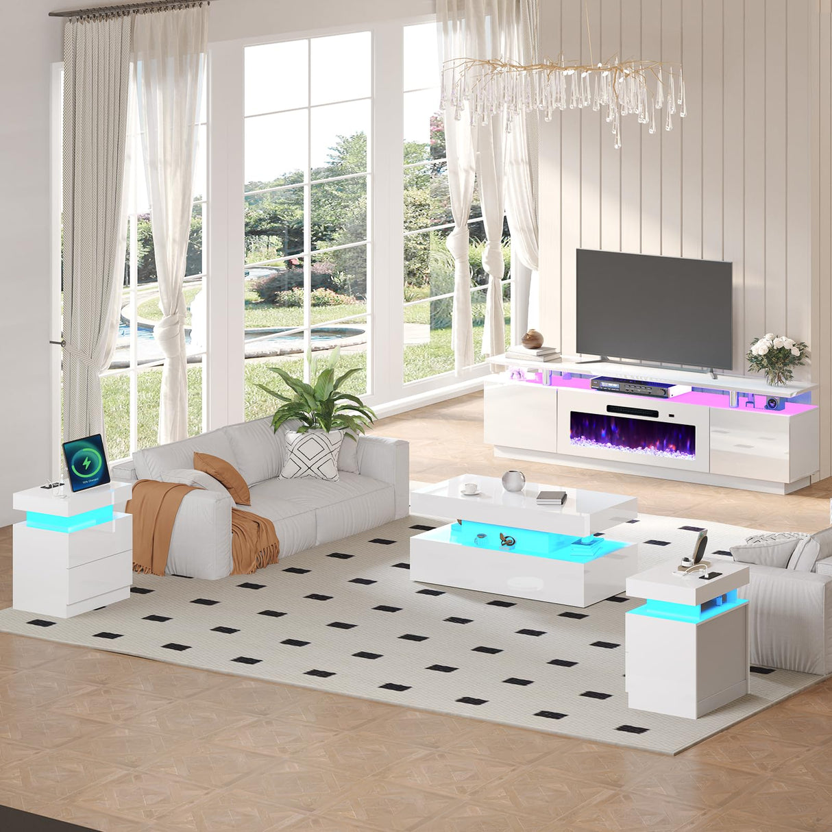 AMERLIFE 5 Piece Modern Living Room Table Set, Includes 80" Fireplace TV Stand, 2-Tier Coffee Table, 2 X Side Tables with Charging Station, LED Media Furniture, White AMERLIFE