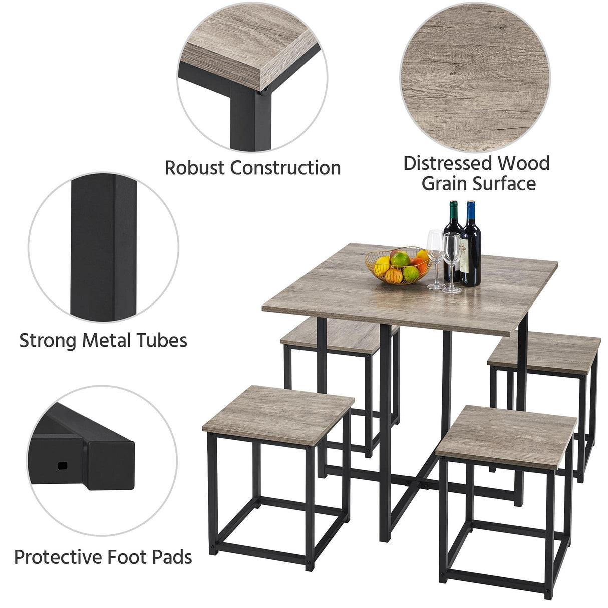 Yaheetech Dining Table Set for 4 Industrial Kitchen Table with 4 Chairs, Space-Saving Design for Apartment, Small Space, Breakfast Nook, Gray Yaheetech