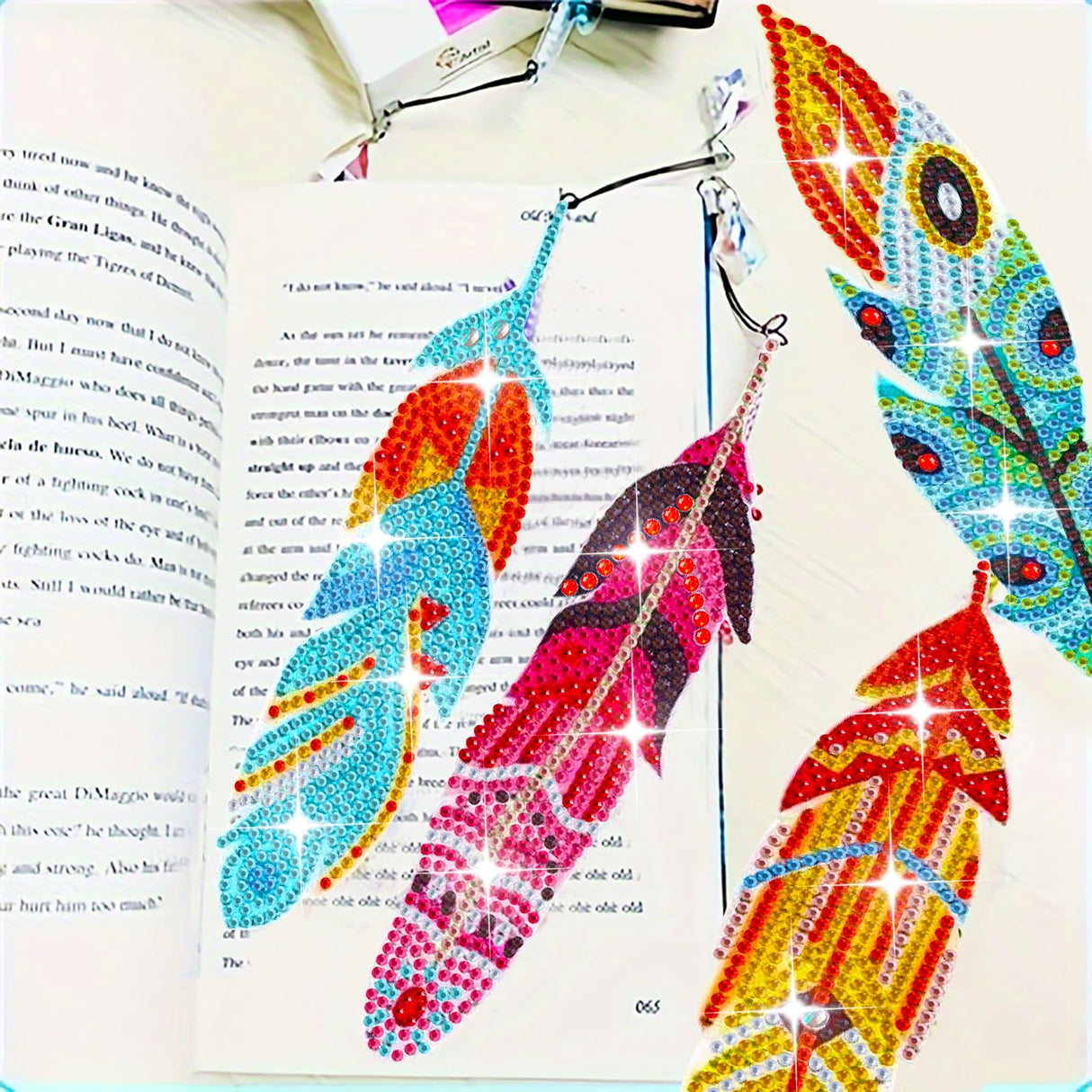 LINGFANG 12 Pcs Diamond Painting Bookmark, Crystal DIY Book Makers for Book Lovers, Diamond Art Beginners, Small Diamond Art Kits with Pendant, Paint by Art Crafts Gift for Women Girls (Feather) LINGFANG
