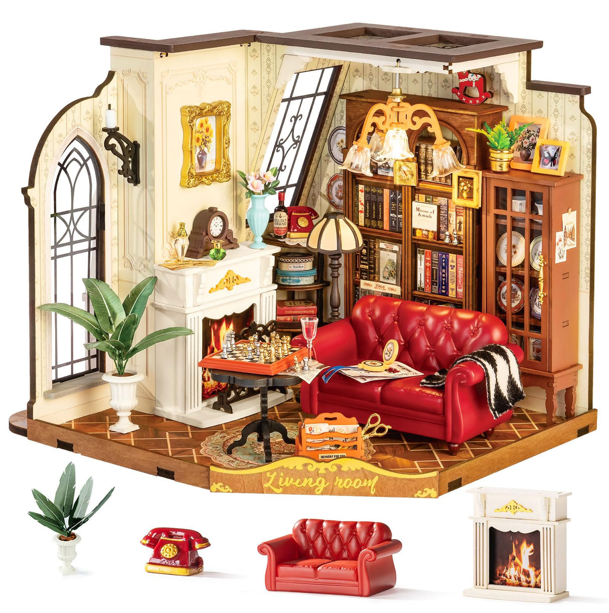 Rolife DIY Miniature House Kit Victorian Parlor 1:18 Scale Dollhouse Diorama, Tiny House Building Kit Antique Bookshelf Display Crafts for Adults Gift for Boys Girls (Catherine's Living Room) Rolife