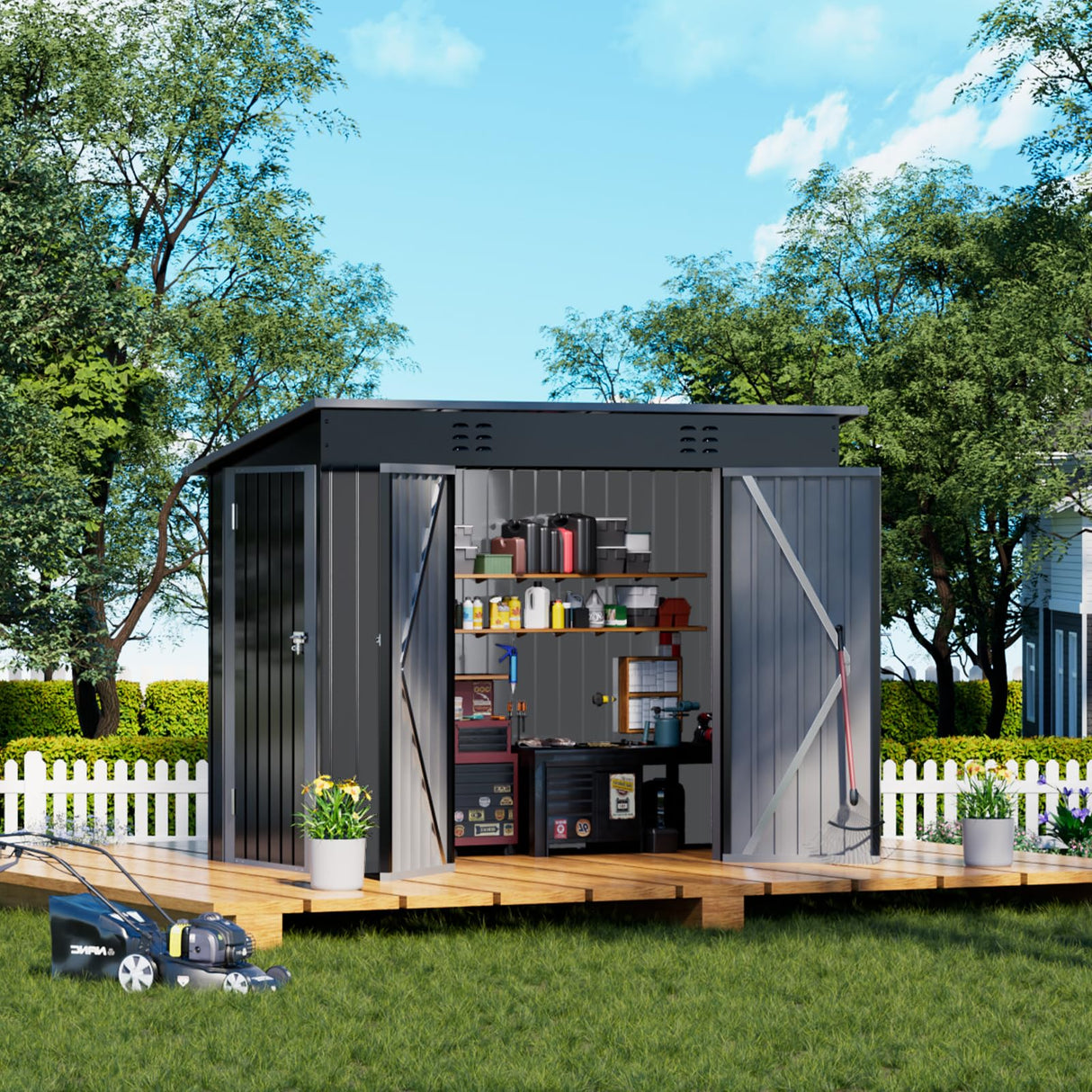 COMHOMA Shed Outdoor Storage Shed Metal,Lockable Doors Tool Sheds with Sloping Roof,Steel Garden Shed with Air Vent for Backyard,Patio,Lawn,Poolside (Grey, 8'*4') COMHOMA