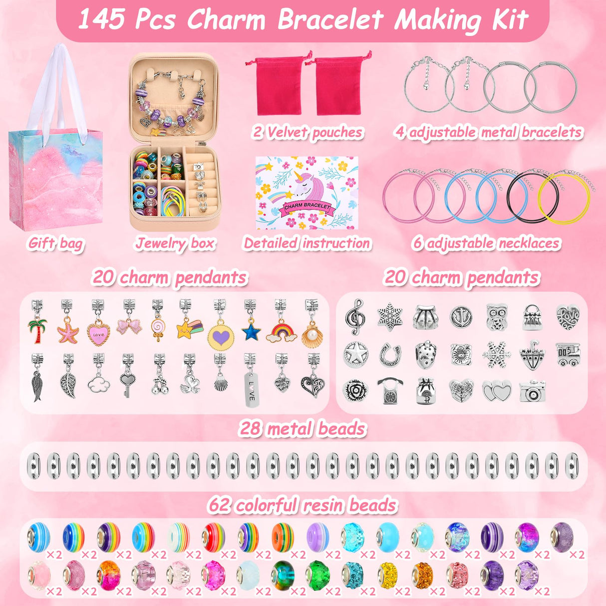 Charm Bracelet Making Kit for Girls, 140 PCS DIY Craft Bead Sets Jewelry Making Kit for Teen Girls Age 8-12, Portable Bracelet Organizer Gift Box for Teenage Birthday Christmas Stocking Gift LifeisLuck