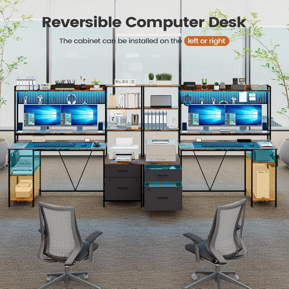 UPOSOJA Gaming Desk with Hutch, 65in Reversible Computer Desk with Power Outlets LED Light, Home Office Desk with Monitor Stand 2 Drawers 4 Storage Shelves Pegboard 8 Hooks Mouse Pad (Brown) UPOSOJA