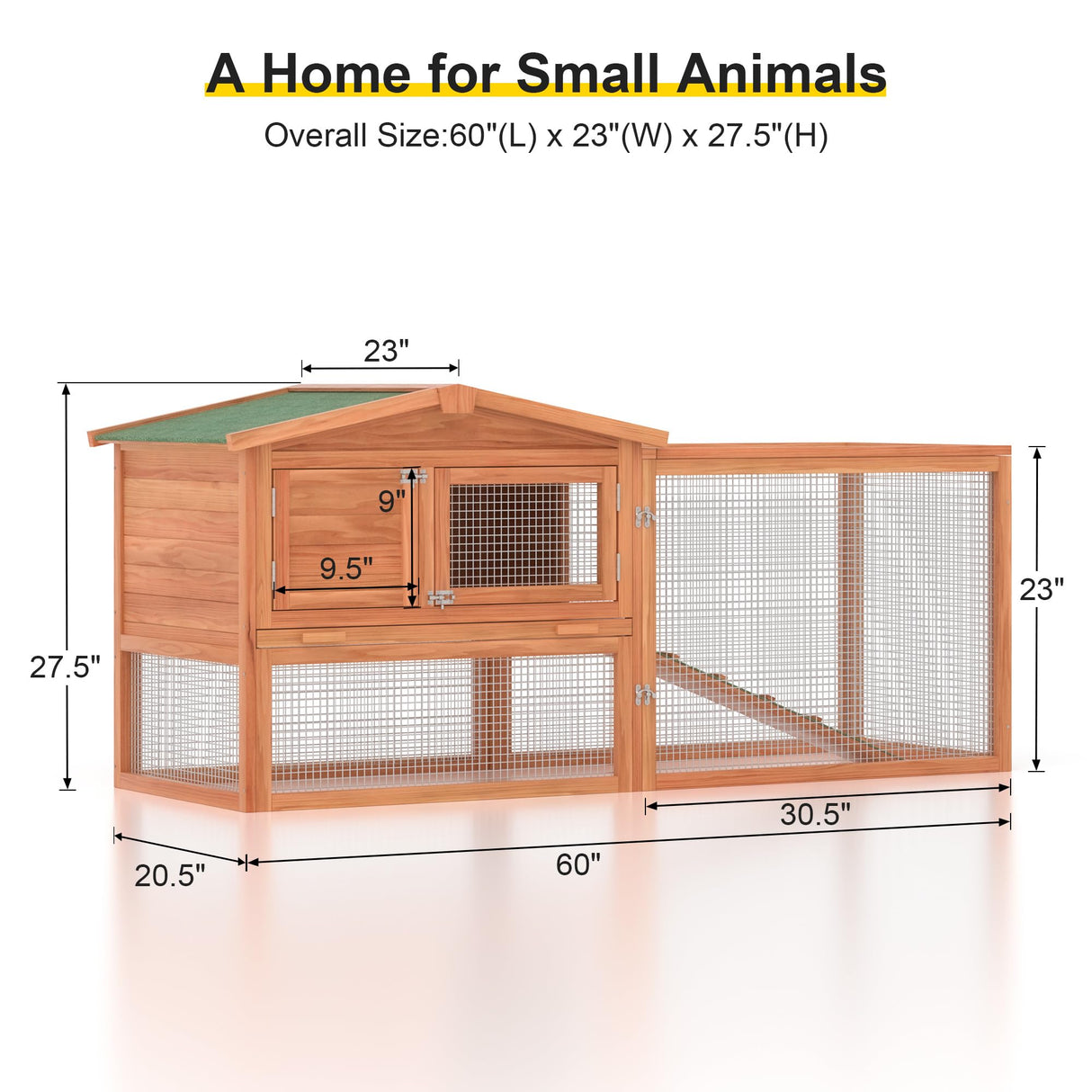 GOJOOASIS Outdoor Rabbit Cage Bunny Hutch Chicken Coop Wooden Hen House Guinea Pig Cages Poultry Pet Hutch Run Cage w/Waterproof Asphalt Roof, Ramp, Wire Fence (60") GOJOOASIS