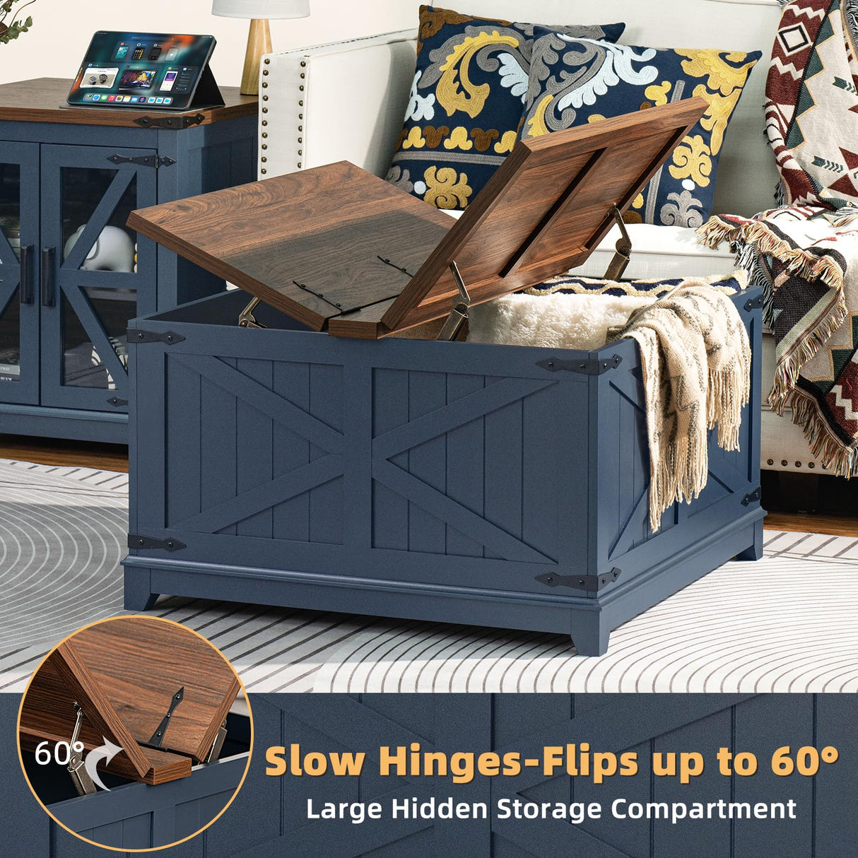 Joaxswe Farmhouse Coffee Table Set of 3, Furniture Set, Coffee Table with Hidden Storage Organizer and Nightsand 3-piece set, Large Country Natural Center Table Set for Living Room,Office, Home Joaxswe