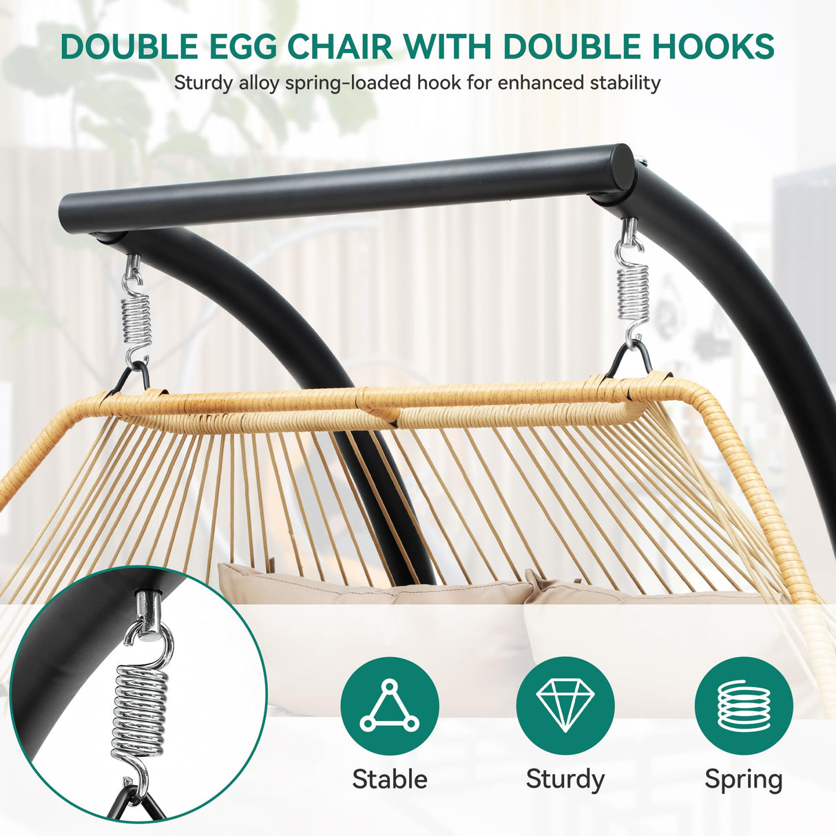 YITAHOME 2 Person Hanging Egg Swing Chair with Stand Egg Chair Wicker Indoor Outdoor Hammock with Cushions 550lbs for Patio, Bedroom, Garden and Balcony, Khaki(Stand Included) YITAHOME