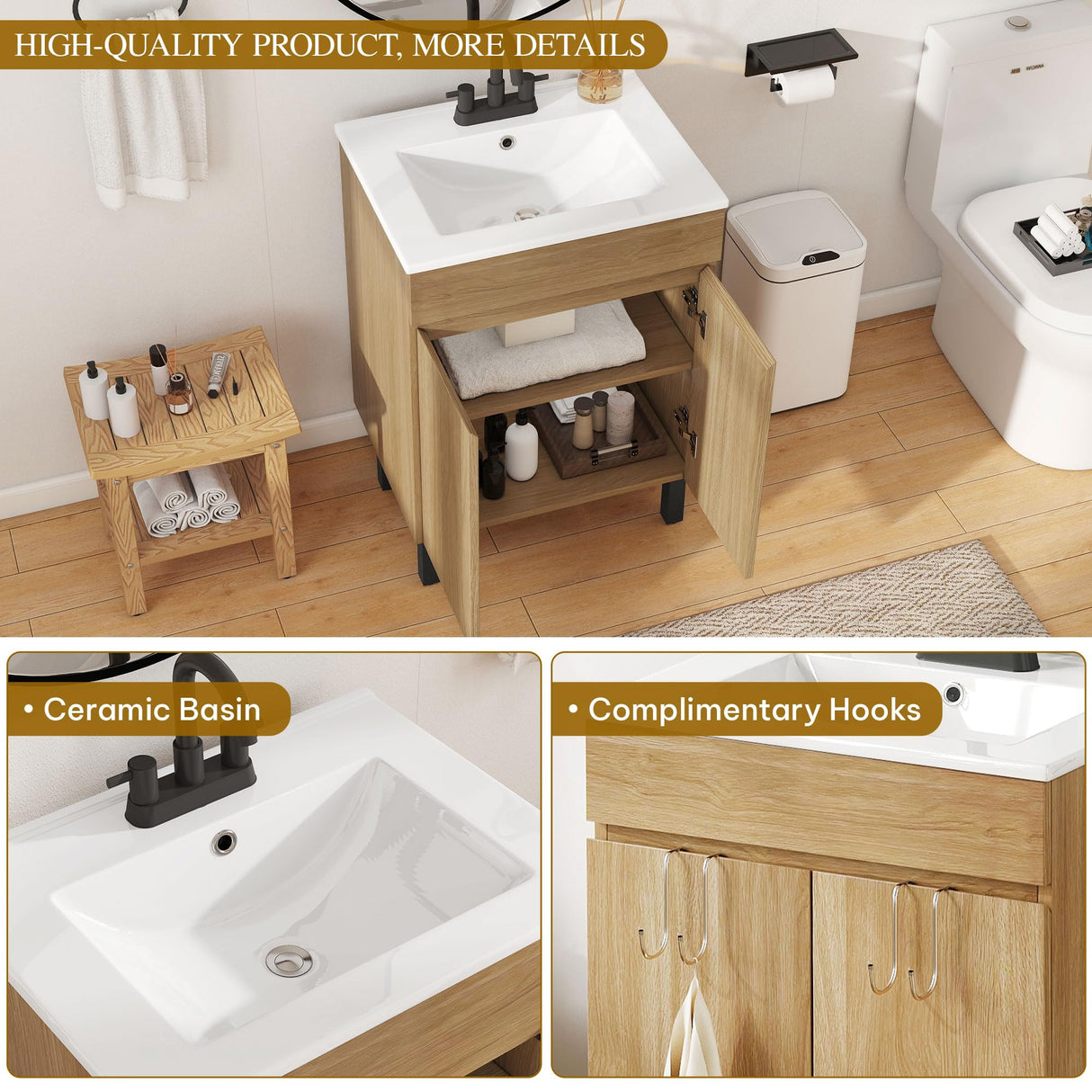 YITAHOME 24 Inch Bathroom Vanity with Sink, Bathroom Cabinet Vanity for Small Space, Freestanding Storage Bathroom Vanity with 2 Soft Closing Cabinets, Natural Brown YITAHOME