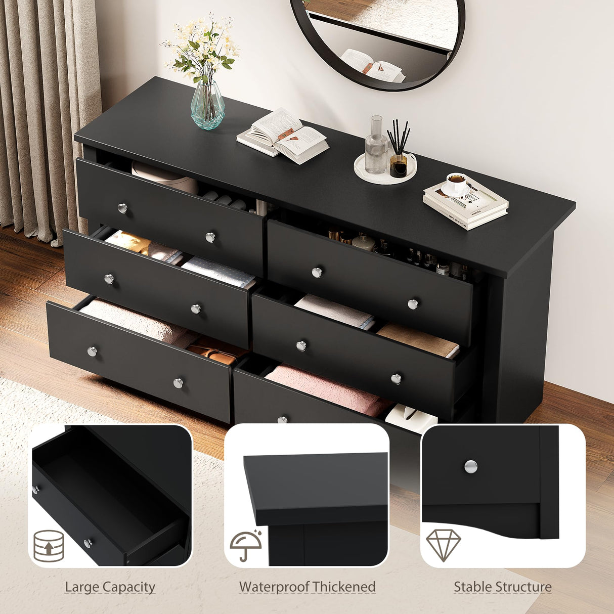 YESHOMY Black Dresser for Bedroom,6 Drawer Dressers, Storage Chest of Drawers for Hallway,Living Room, Entryway