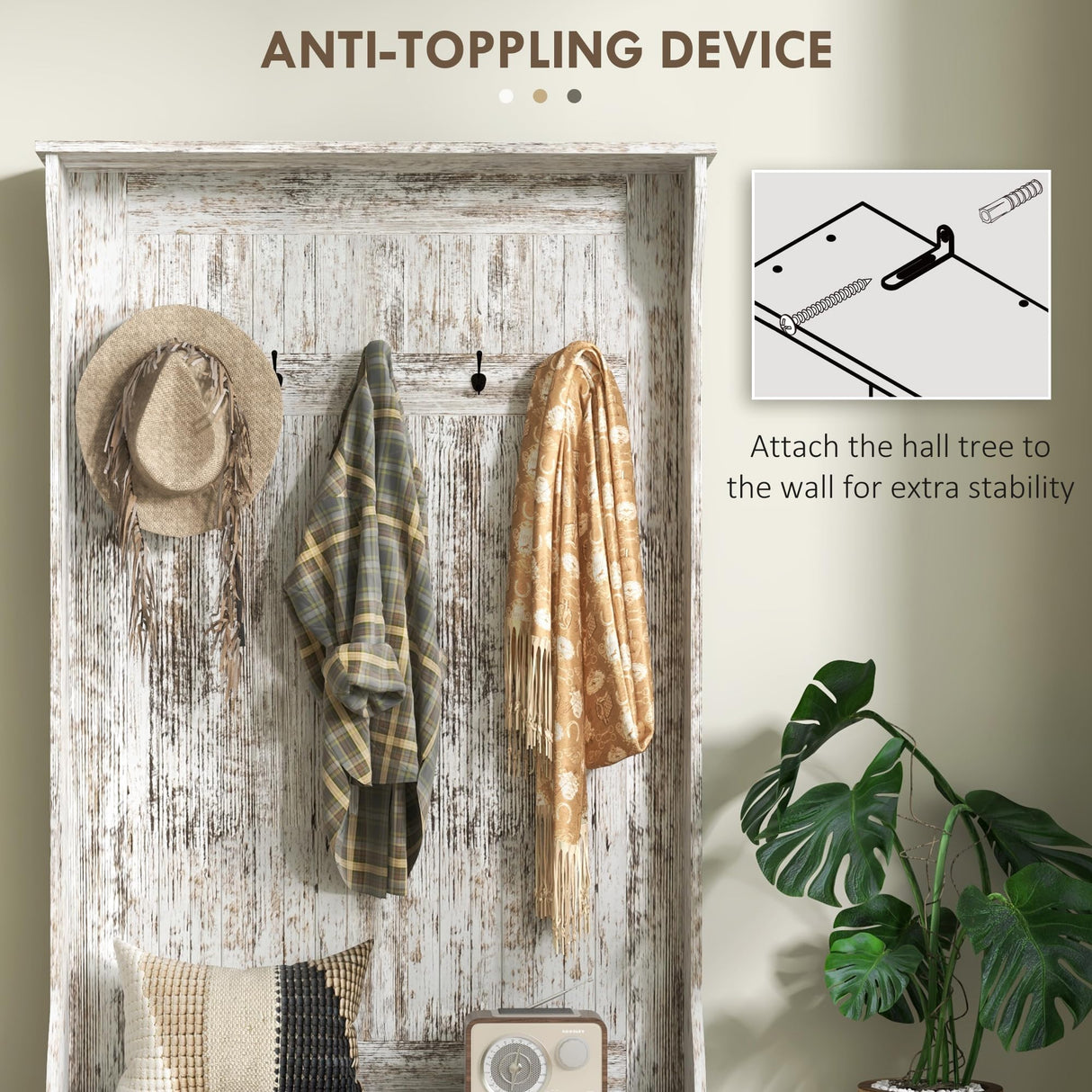 HOMCOM 3-In-1 Hall Tree with Shoe Storage, Standing Coat Rack with Shoe Bench, Entryway Organizer with Five Hooks, Distressed White HOMCOM