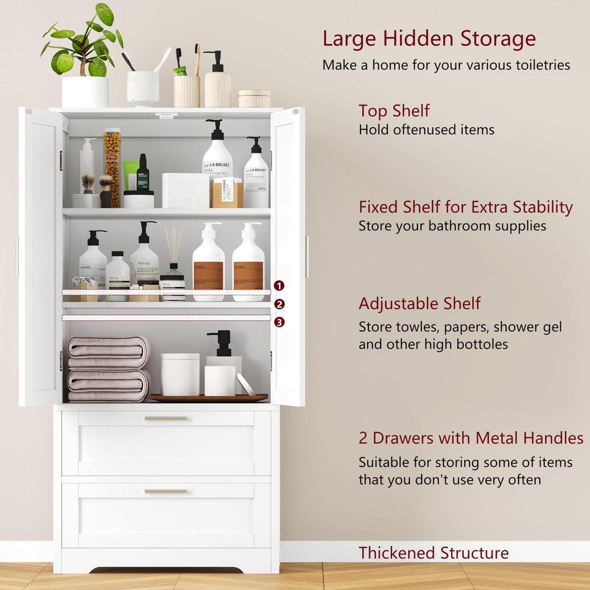 Keehusux 50.4" H Bathroom Storage Cabinet, Modern Floor Cabinet with Adjustable Shelf, Small Pantry with 2 Doors & Drawers, Storage Cabinet for Bathroom, Living Room, Kitchen, White KES007WCWG Keehusux