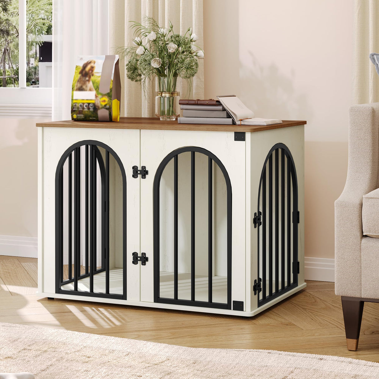 Hzuaneri 31.5'' Wooden Dog Crate Furniture, Indoor Dog Kennel Dogs Cage for Small/Medium Dogs, Heavy Duty Dog Crates Decorative Pet House End Side Table TV Stand, White Brown DFC85114B Hzuaneri