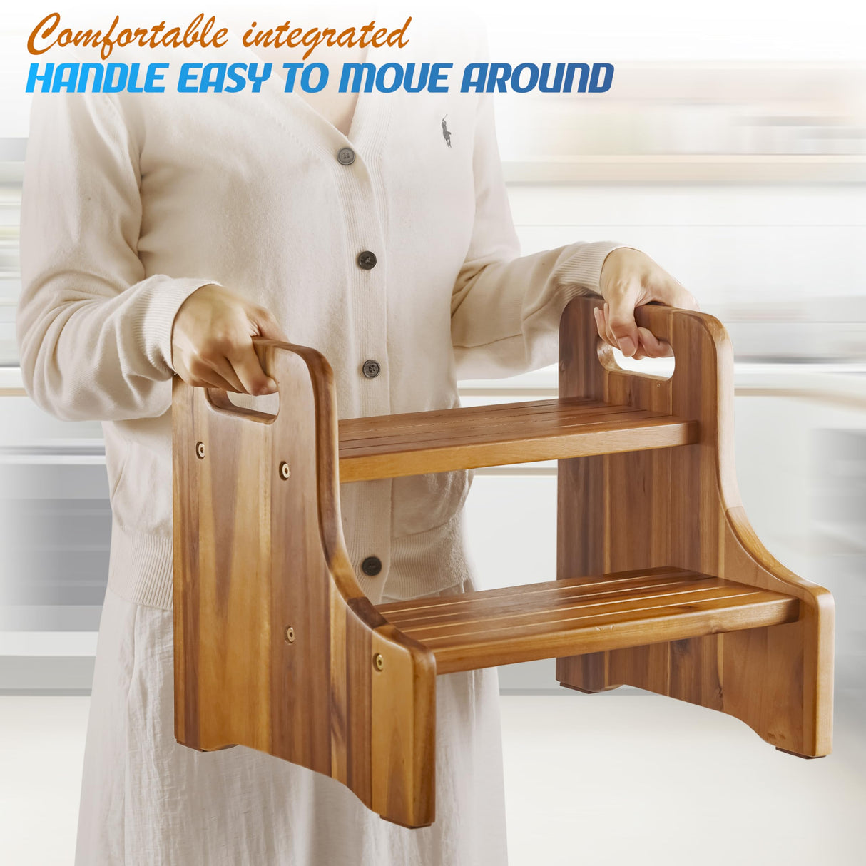 2BHOME Wooden Step Stool, Heavy Duty Two-Step Stool for Adults with Built-in Handle, Wooden Stepping Stool with 500Lbs Capacity for Kitchen & Bathroom, Non-Slip Wood Bedside Bed Steps for High Beds 2BHOME