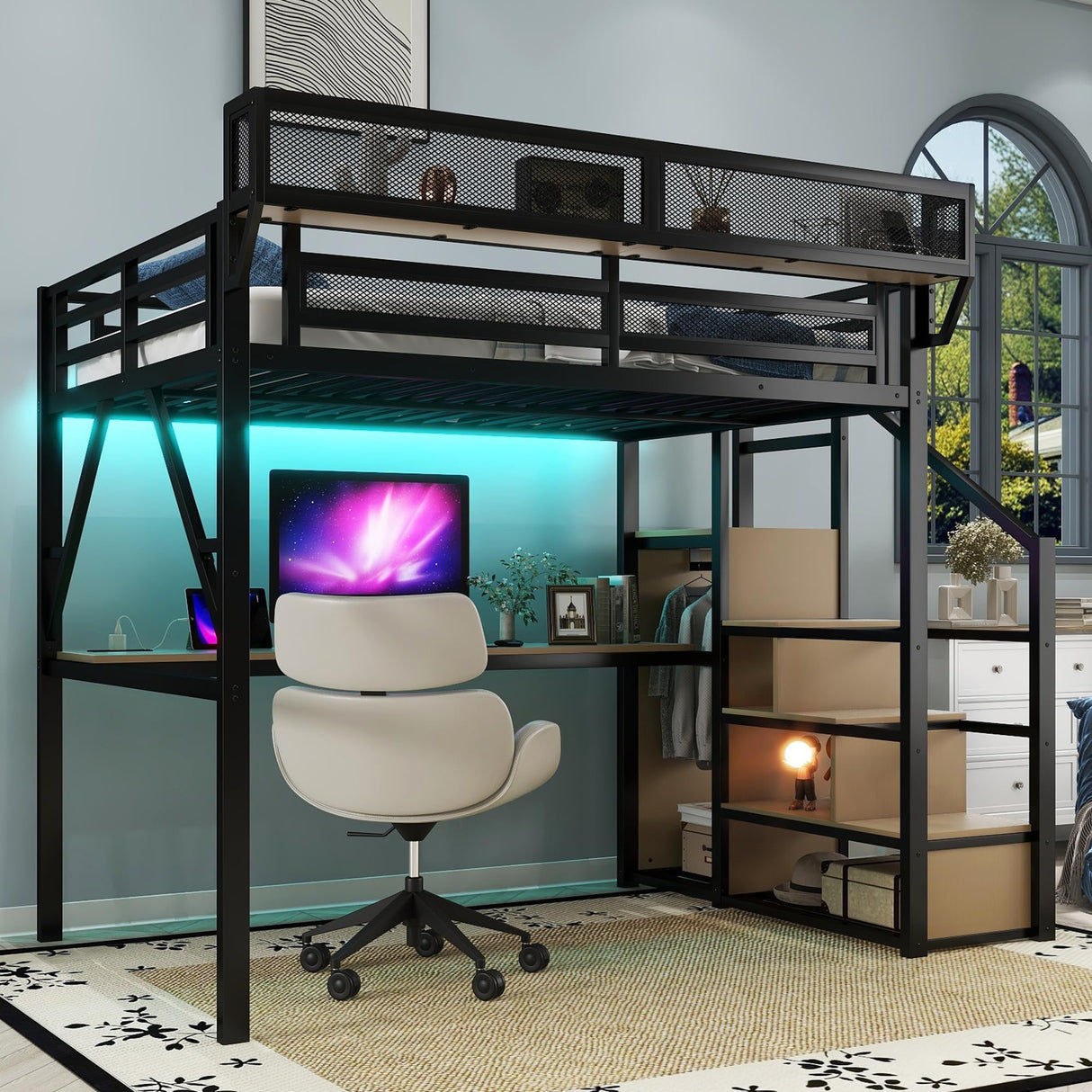 Full Loft Bed with Stairs and Desk, Metal Lofts Bed Full Size with Upper Storage Shelf, Gaming LoftBed with LED, Charging Station and Wardrobe for Teens, Adults,Black MoproBeti