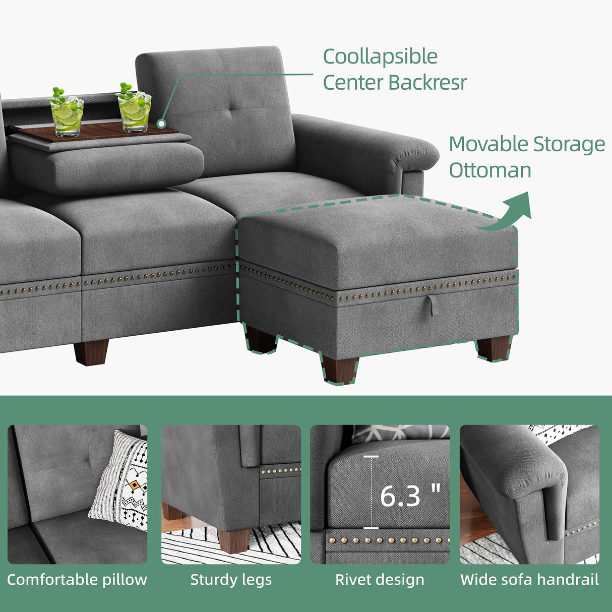 Shintenchi Sectional Couch, Convertible L Shaped Couch with Storage, Modular Sectional Sofa with Storage Ottoman for Living Room, Apartment, Office, Light Grey Shintenchi