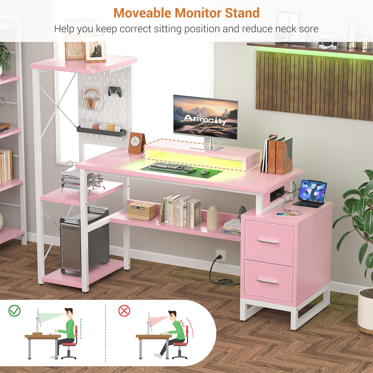 Computer Desk with 2 Fabric Drawers - Reversible Home Office Desk with Power Outlet & LED Lights, 53" Writing Desk with Monitor Stand & Storage Shelves, Gaming Desk Study Table with Pegboard, Pink armocity