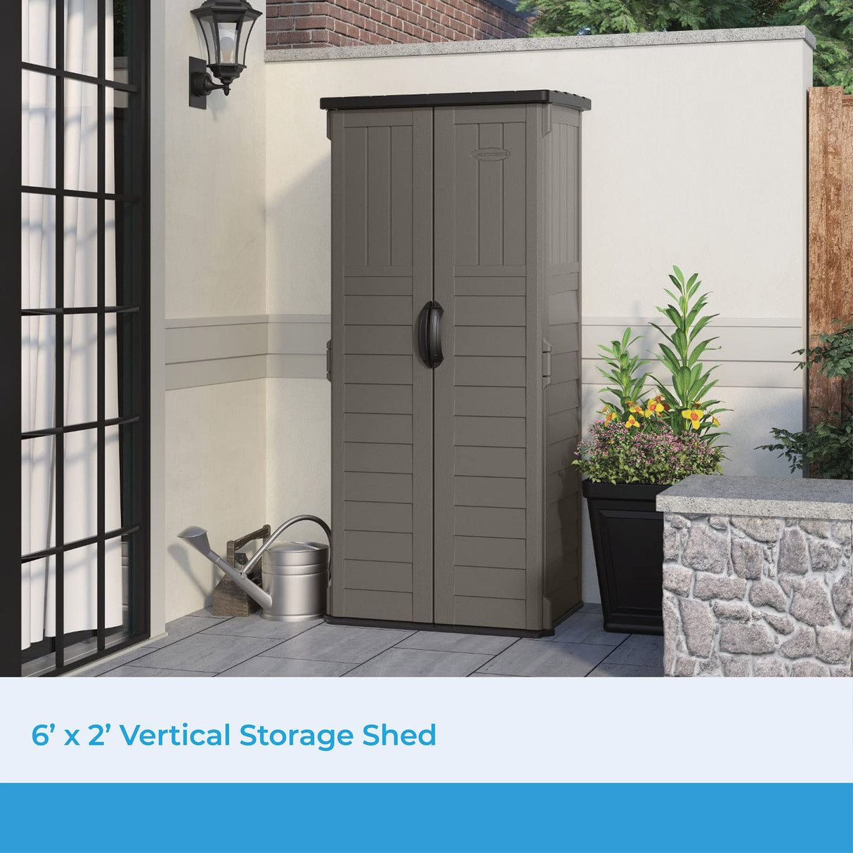 Suncast 22 Cubic Ft. Vertical Resin Outdoor Storage Shed with Lockable Double Doors, Weather-Resistant Multi-Wall Panels, Stoney Suncast