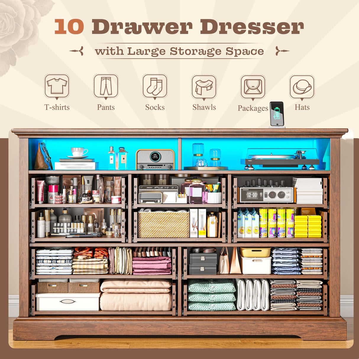 Romorgniz 10 Drawer Brown Dresser for Bedroom, Large Farmhouse Dresser with LED Lights & Charging Station for Bedroom Romorgniz