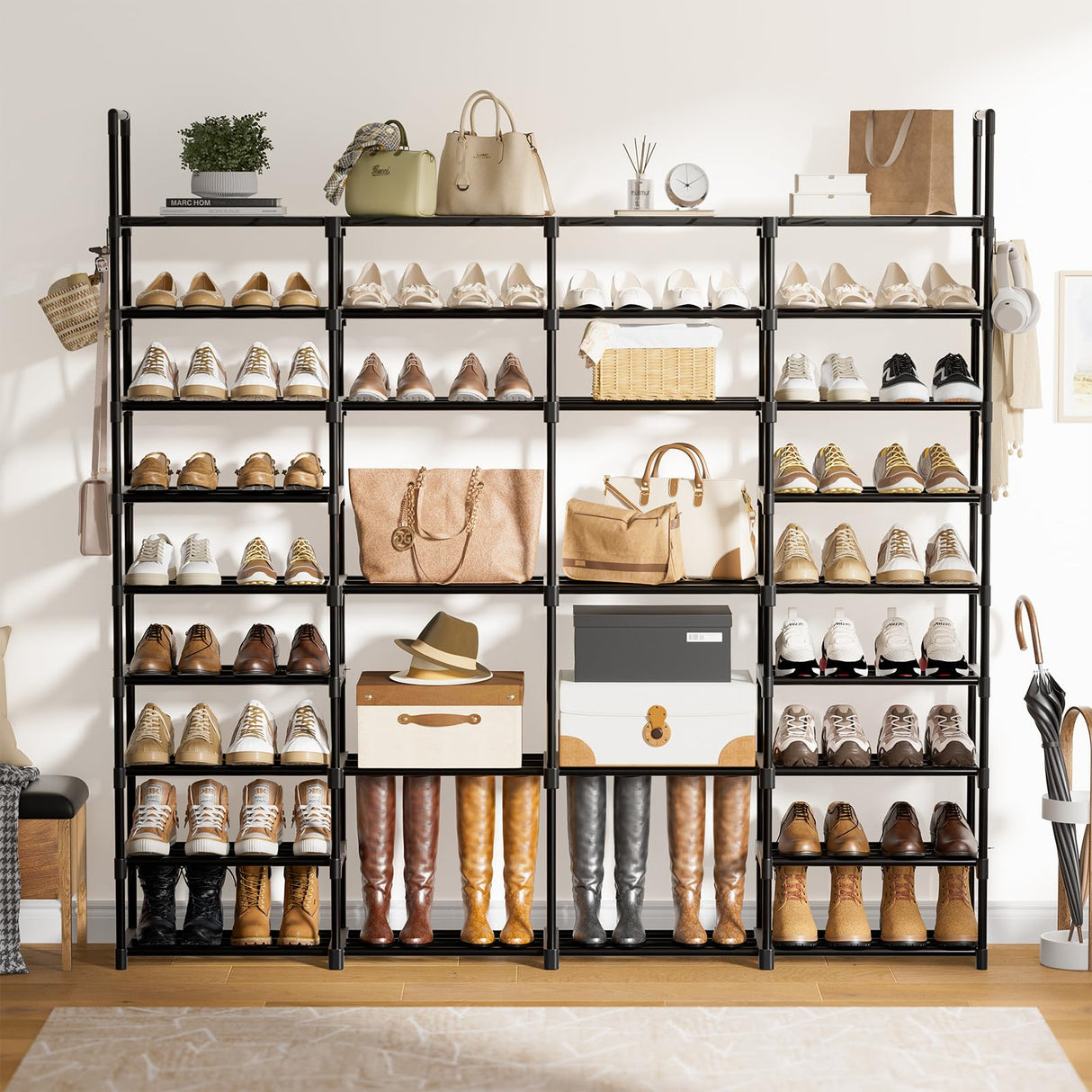 WOWLIVE 4 Row 9 Tiers Extra Large Shoe Rack 72-80 Pairs Big Tall Metal Shoe Shelf, Heavy Duty Organizer for Closet Entryway, Boot Rack Storage Stackable Stand for Garage Black WOWLIVE