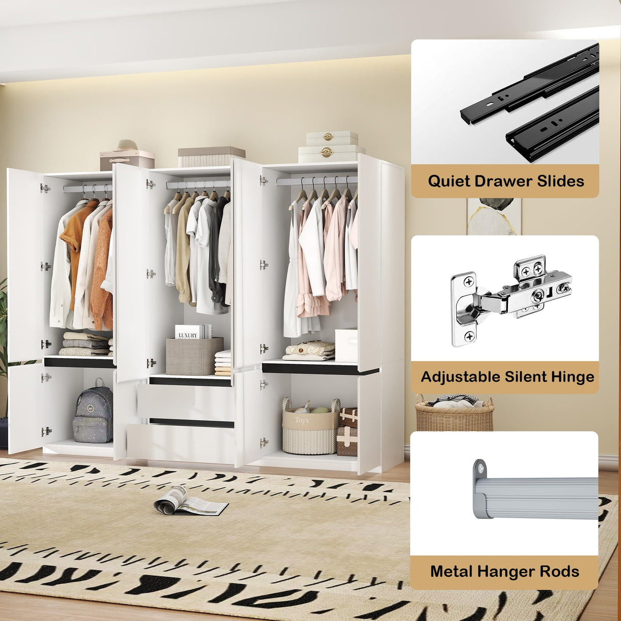 LABROSKIA Wardrobe Closet with 6 Doors: 75" White Armoire with 2 Drawers, Wooden Wardrobe for Hanging Clothes, Tall Storage Cabinet with Shelves and Hanging Rod LABROSKIA