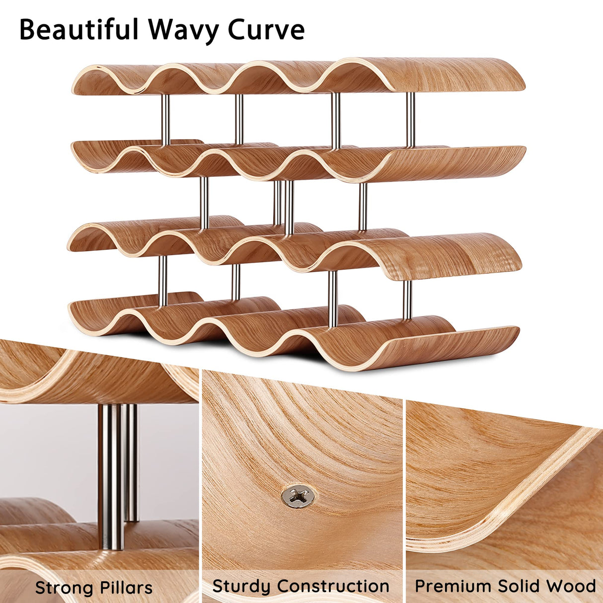 TRUDING Countertop Wine Rack - 14 Bottle Freestanding Wine Bottle Holder Stand - 4 Tier Wooden Wine Storage Rack - Wavy Wine Organizer for Cabinet Pantry Home Kitchen Bar TRUDING