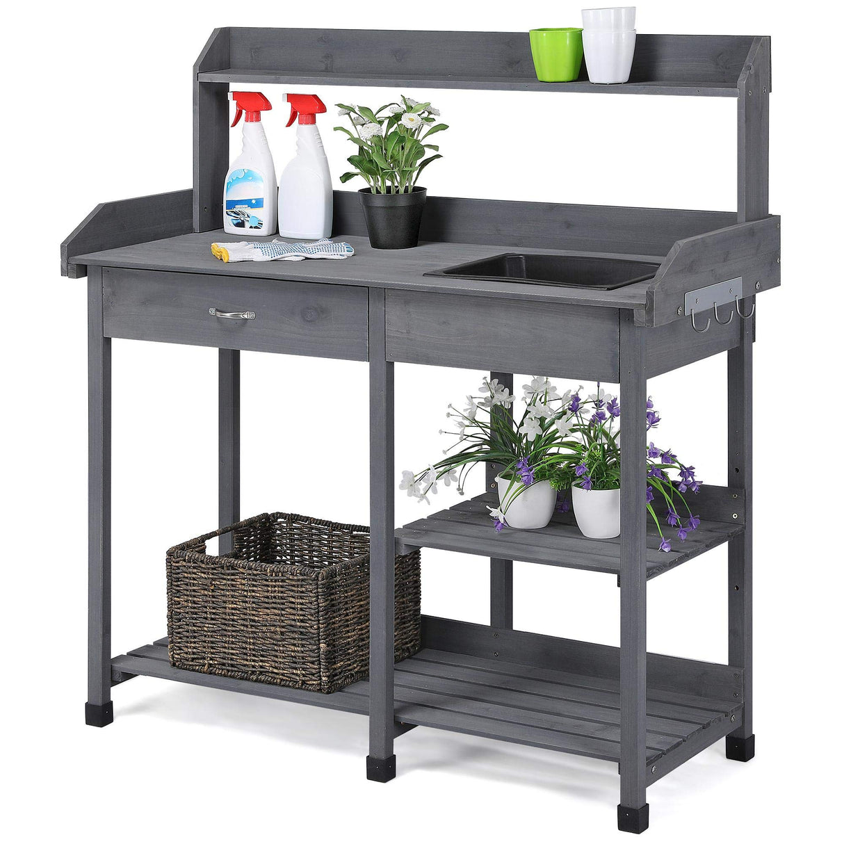 Yaheetech Outdoor Potting Bench Table Potters Benches Garden Workstation for Horticulture with Drawer/Adjustable Shelf Rack/Removable Sink/Hooks/Pads, Gray Yaheetech