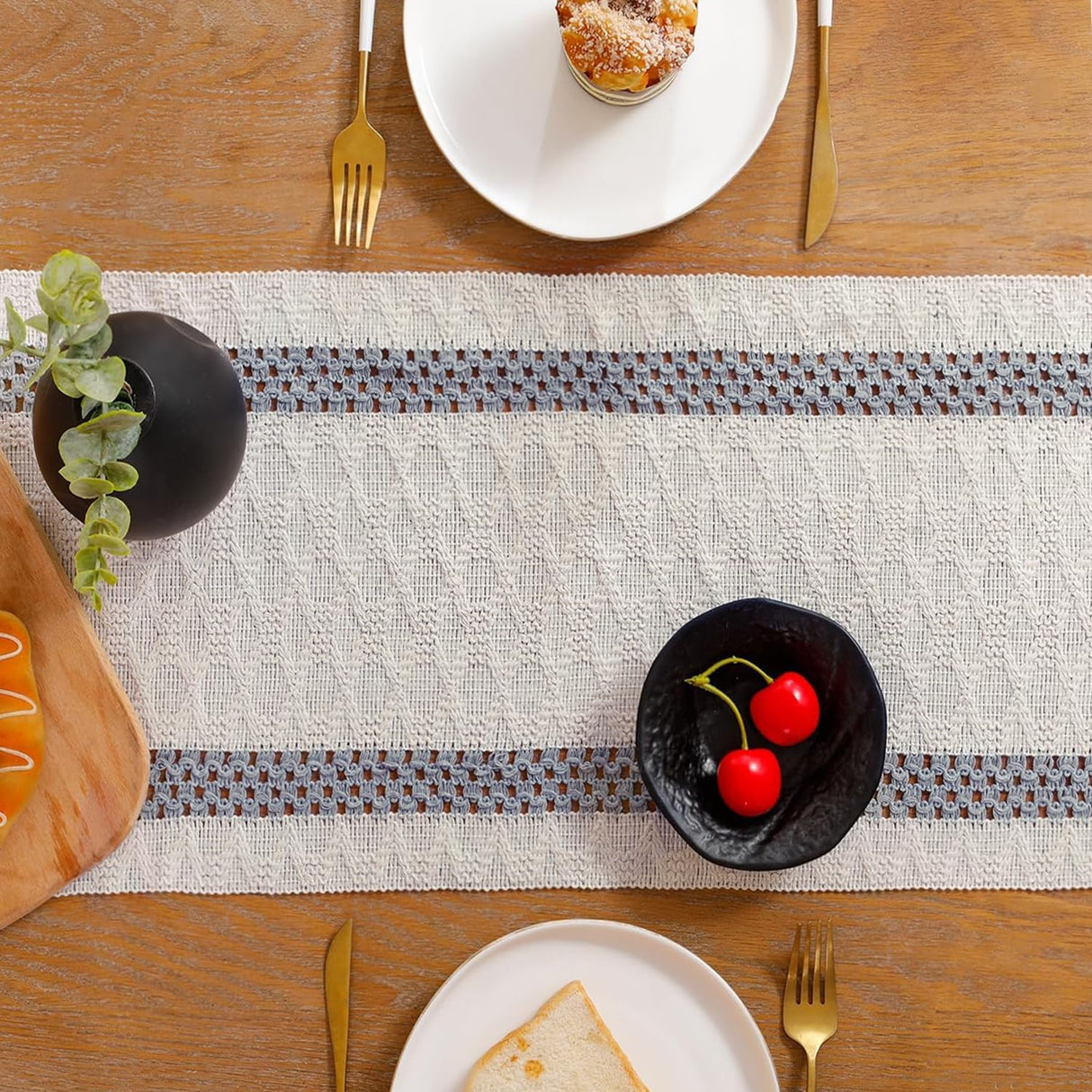 Tosleo Boho Table Runner 12×108 Inches Long with Tassels Grayish Blue Double Striped Farmhouse Rustic Table Runner for Dining Wedding Party(One Piece) Tosleo