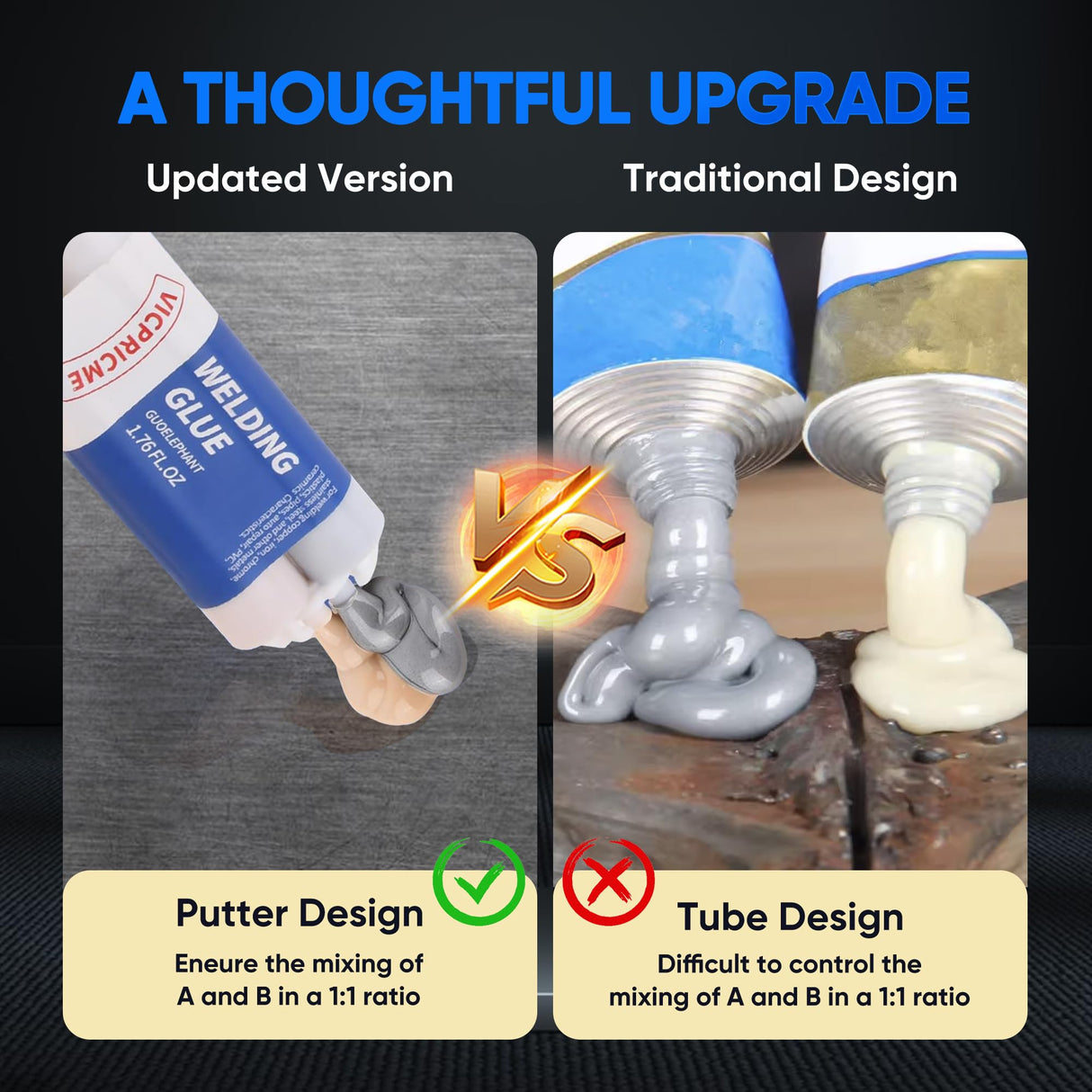 VICPRICME Metal Glue, 1.76 OZ Metal Epoxy Glue, 2 Part Heavy Duty Cold Welding Glue for Metal to Metal, Plastic, Ceramic, Best Glue Auto Repair Putty, Marine Body Filler (1 pcs) vicpricme