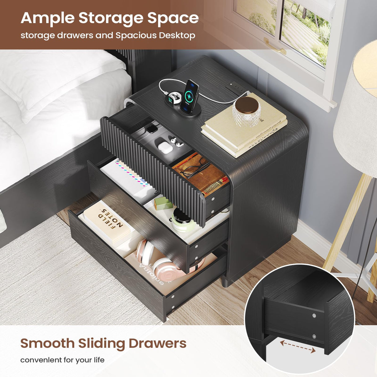 Fluted Nightstands Set of 2 with Charging Station, Black Night Stand with 3 Drawers Dresser, Bedside Table Curved Anti-Collision Design, Modern End Table for Bedroom AOGLLATI